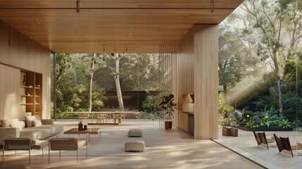 Fototapeta premium Serene Minimalist Living Space with Breathtaking Garden Views