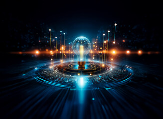 A glowing light bulb is at the center, surrounded by circles and lines of light, creating a futuristic and technological abstract image.