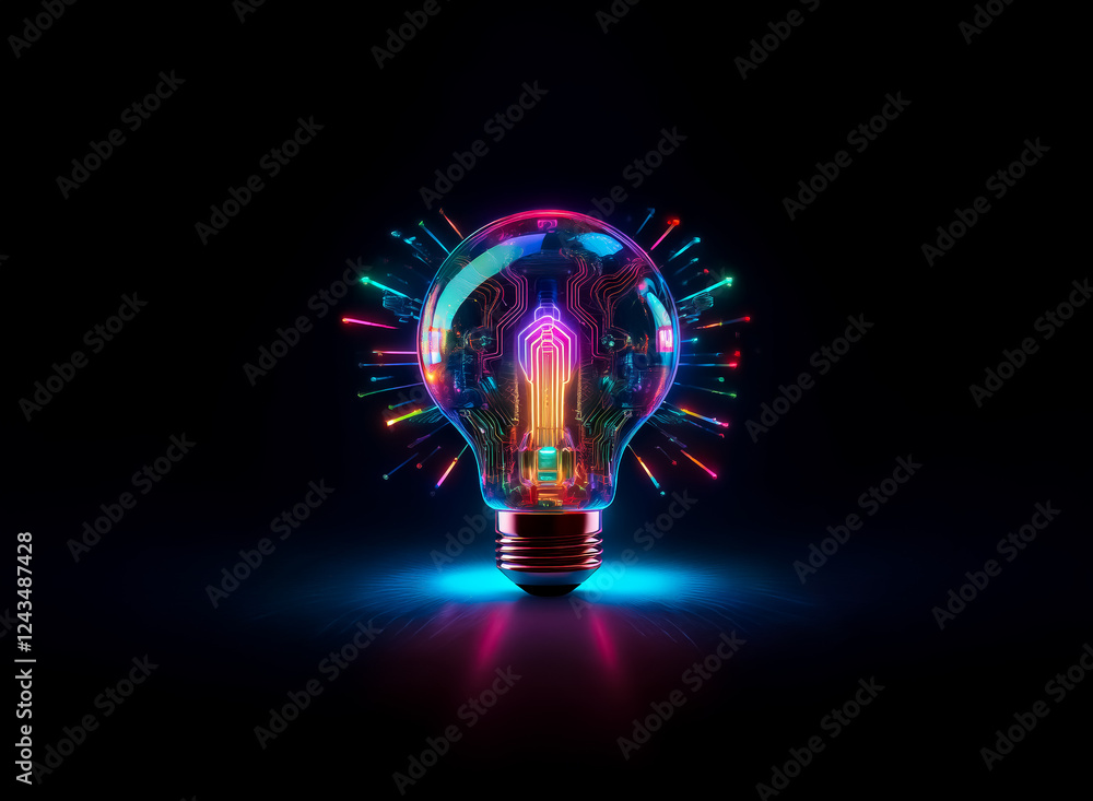 Poster A vibrant lightbulb illuminates the dark, radiating colorful energy.  Bright hues burst outward, creating a dynamic and luminous display.  The bulb itself is a mesmerizing source of light.