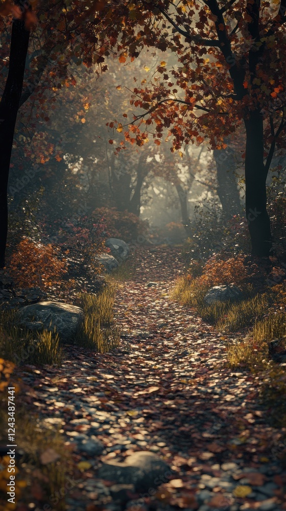 Poster Cozy forest path adorned with autumn leaves under soft sunlight filtering through trees