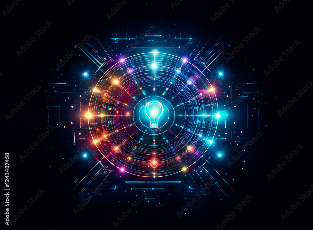 Fototapete a vibrant abstract design featuring a glowing circular shape with a central light bulb motif against