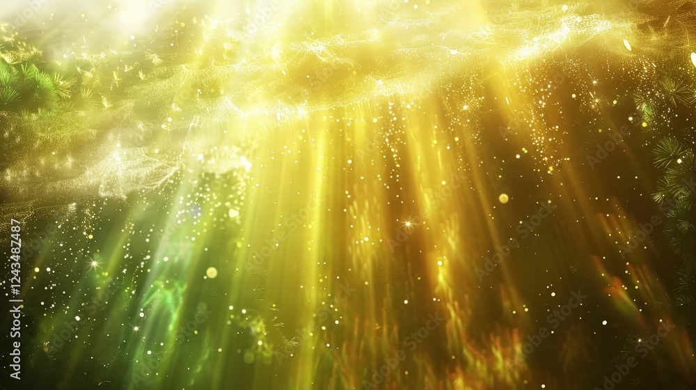 Poster a vibrant abstract background with golden rays and green hues, creating a mystical and ethereal atmo