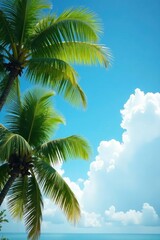 Coconut tree leaves rustle softly in the breeze as fluffy white clouds drift across the bright blue sky, nature, peaceful ambiance