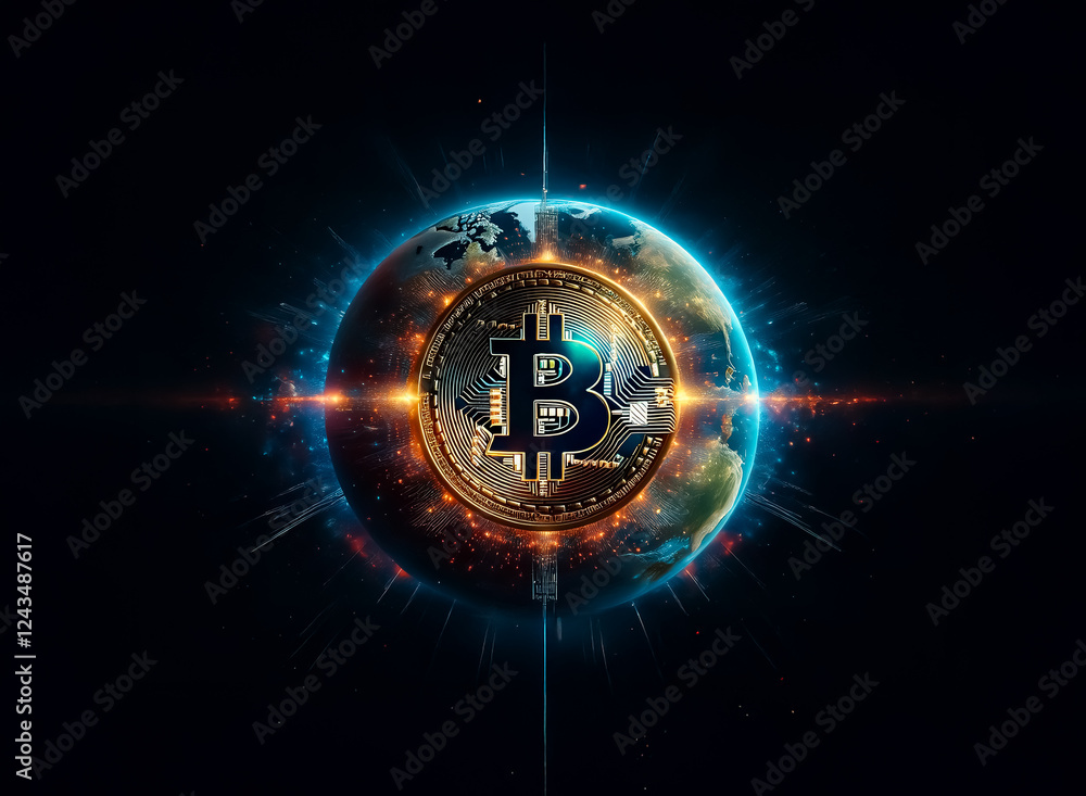 Poster digital currency symbol dominates a glowing earth. global finance in the digital age. tech and econo