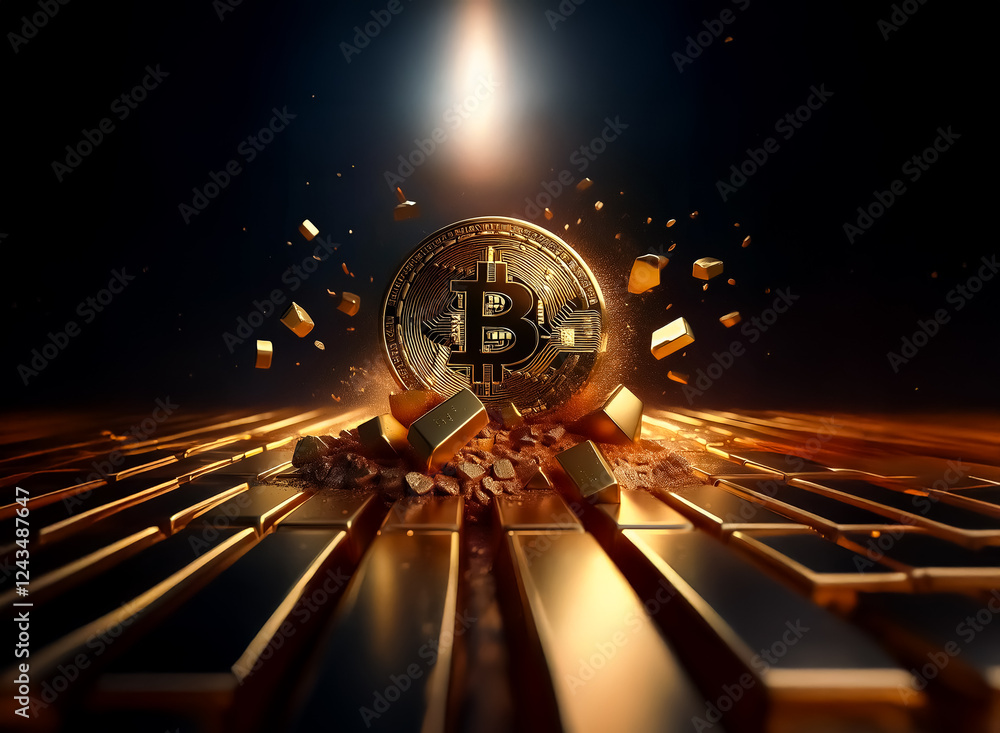Poster a gold bitcoin coin erupts through a structured gold surface, bathed in a strong, focused light from