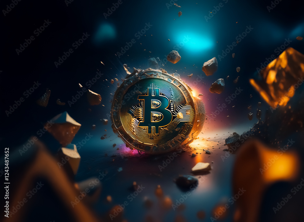 Poster Digital cryptocurrency coin is breaking apart in a digital space. Fragments and glowing light surround the exploding virtual currency in a futuristic style.