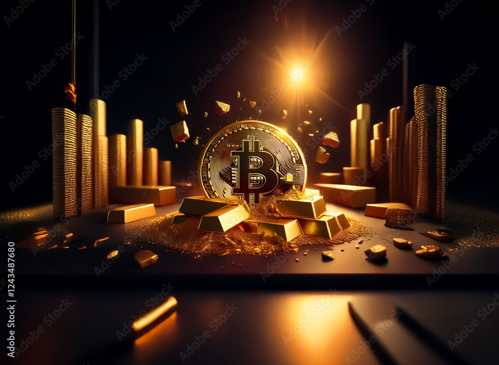 Poster golden bitcoin coin surrounded by gold bars and dust, illuminated by a bright light. represents weal
