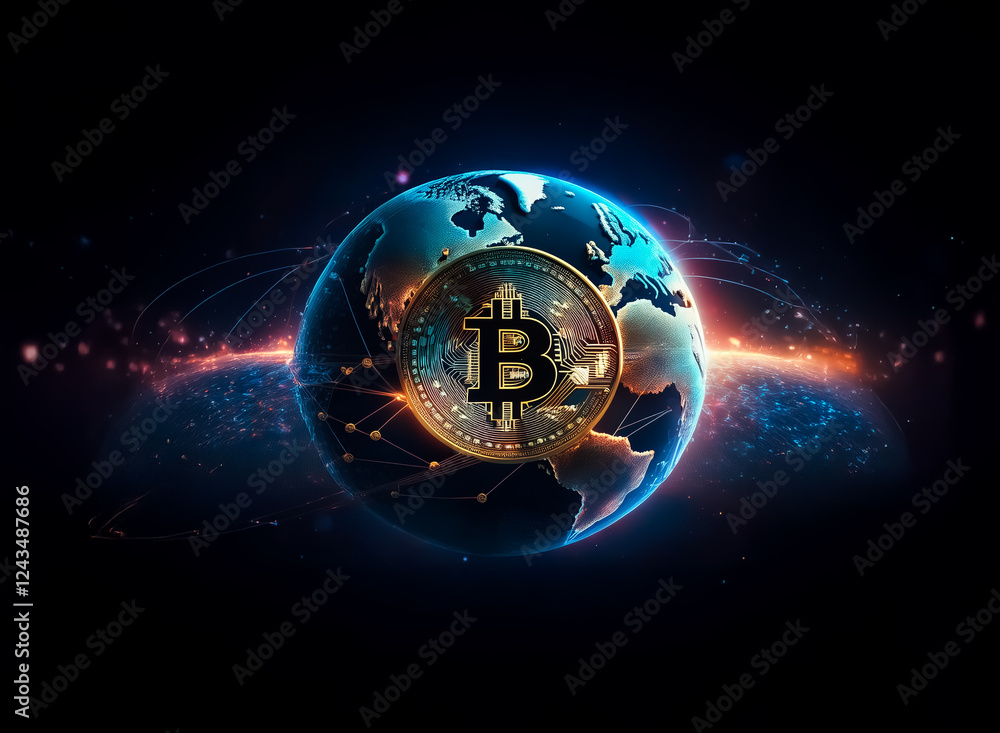 Poster a digital currency symbol on a glowing globe against a dark backdrop represents worldwide digital fi