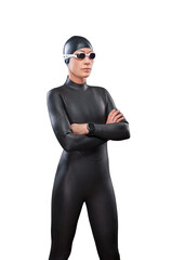 Triathlon sport. Professional female swimmer stands with arms crossed isolated on free png...