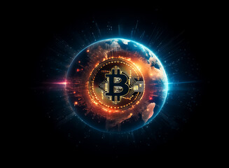 A digital globe with a central bitcoin symbol emitting bright light and energy.  The sphere glows with network connections, symbolizing global finance and technology.