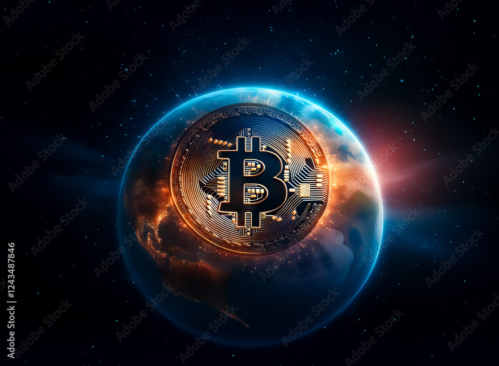 Poster bitcoin symbol overlaying a glowing earth in space. represents digital currency, global finance, and