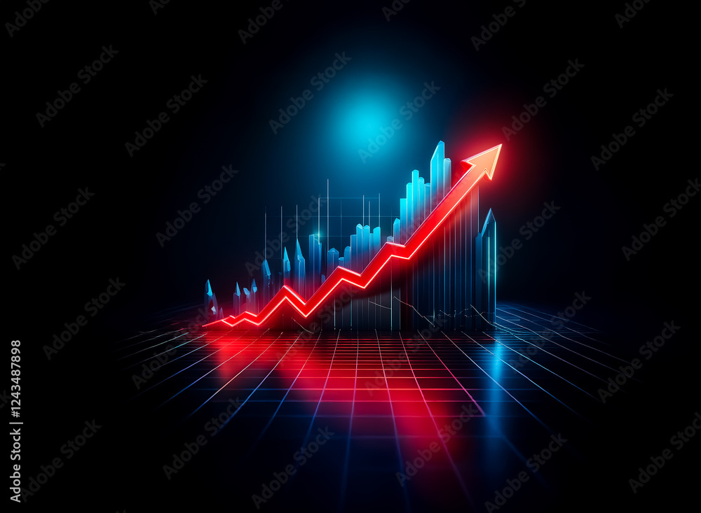 Poster A vibrant red arrow dynamically ascends atop a structured blue bar graph, all set against a stark black backdrop illuminated with neon blue and red glows.