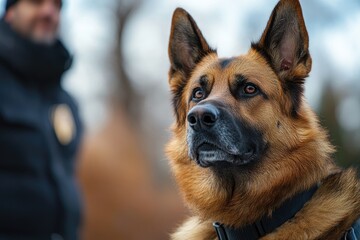 German shepherd dog looking away with police officer in the background