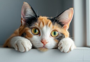 Adorable calico cat with bright green eyes gazing curiously from a windowsill in soft natural light, showcasing its unique coat patterns and playful demeanor