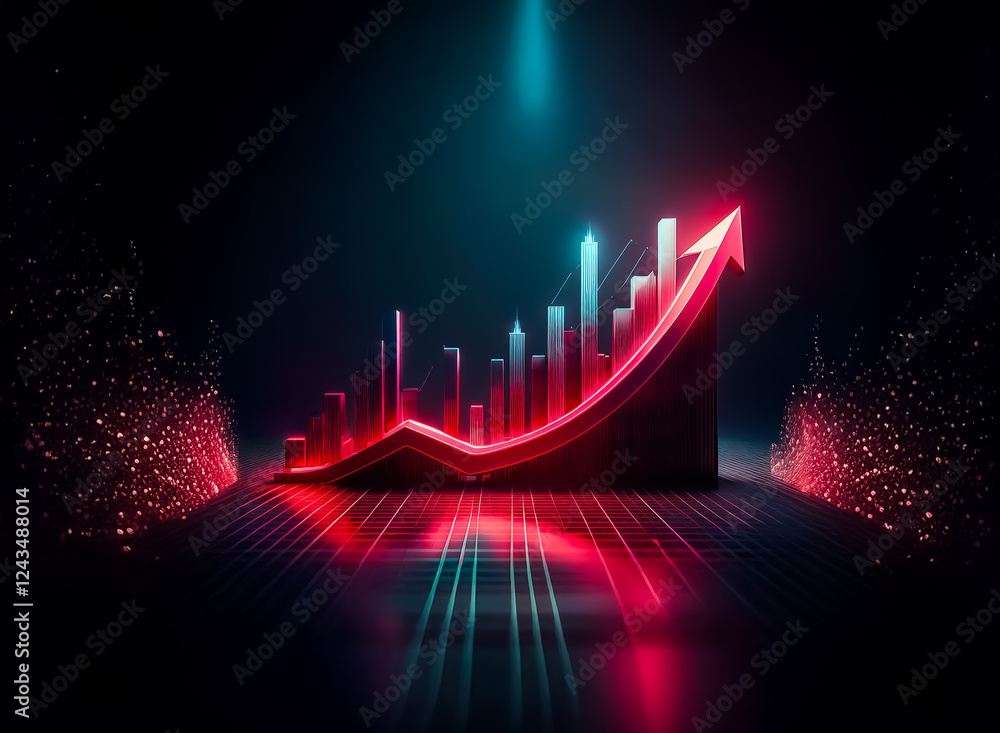Poster vibrant neon red and blue bar chart with an upward arrow stands out against a dark backdrop, symboli