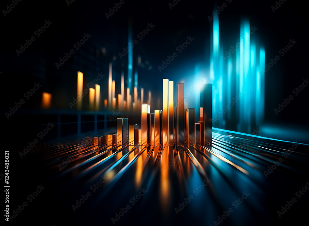 Aufkleber Abstract digital cityscape with glowing orange and blue bars on dark backdrop, reflecting light and creating futuristic atmosphere.