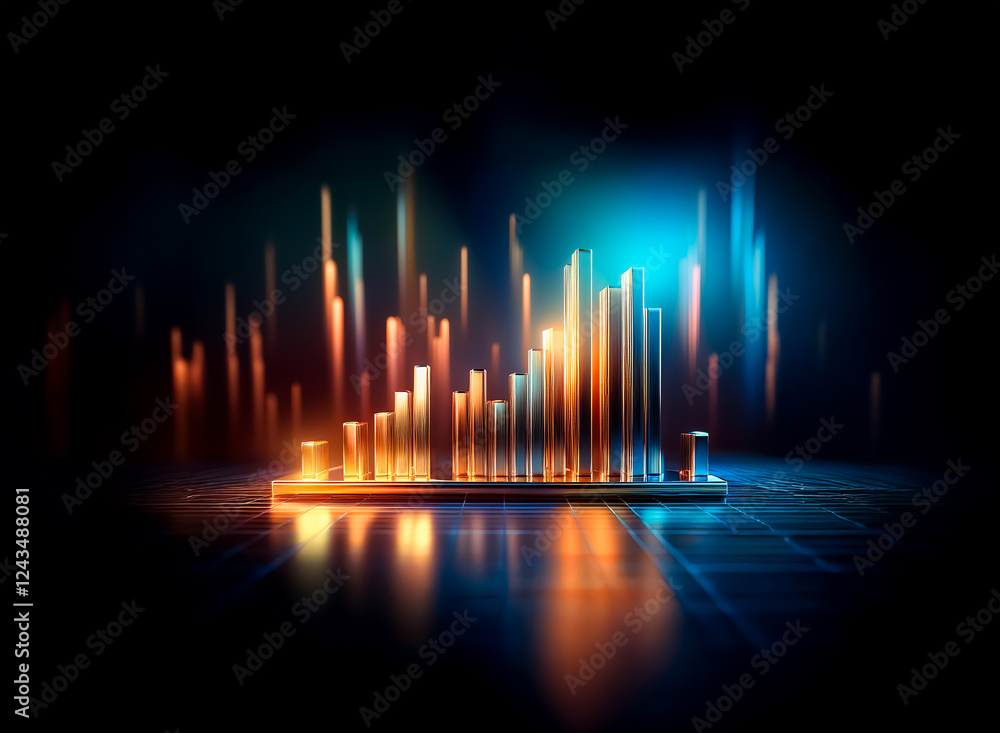 Aufkleber Glowing bars of light rise from a grid surface in a dark space. Orange and blue lights illuminate the abstract scene, creating a vibrant and futuristic visual.