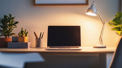 Minimalist office desk, sleek laptop, potted plant, stylish notebook, cup of coffee, clean lines, professional workspace, remote work, lifestyle, modern design, productivity, organized space