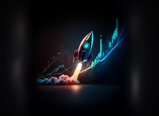 A vibrant neon rocket launches upwards, symbolizing financial growth against a dark backdrop with glowing stock market charts. The image evokes themes of success and progress.