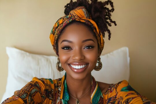 Beautiful influencer smiling and taking a selfie wearing traditional clothes