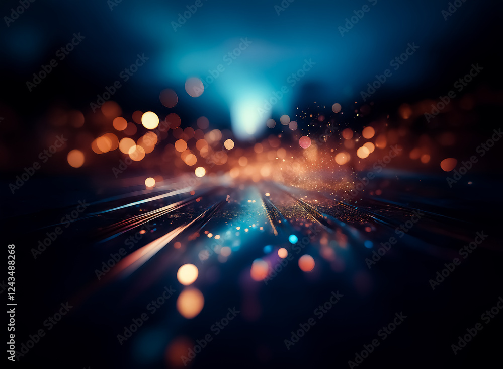 Poster abstract image with blurred motion effect, featuring a dynamic interplay of blue and orange bokeh li