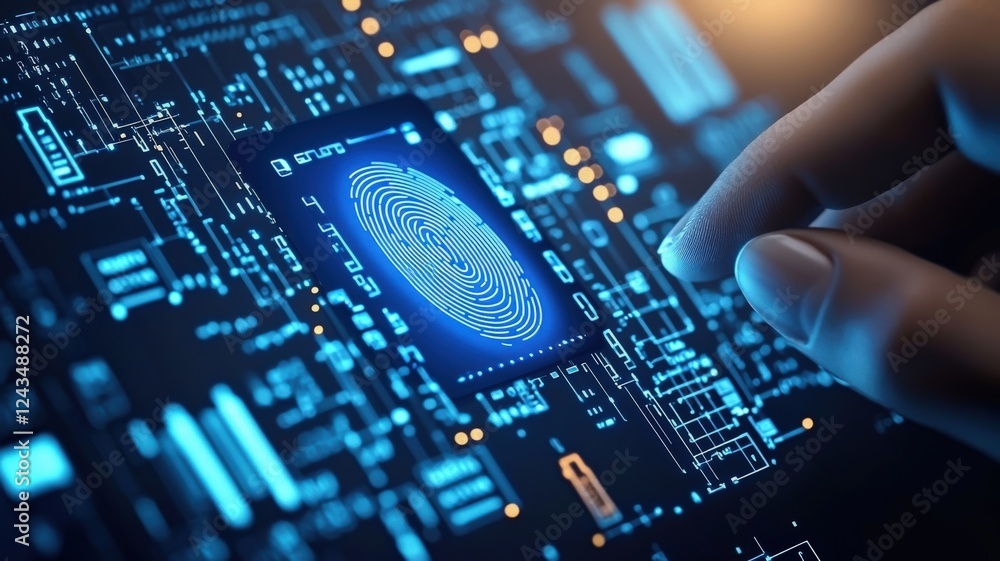 Poster a close-up of a finger touching a circuit board with a glowing fingerprint sensor, symbolizing techn