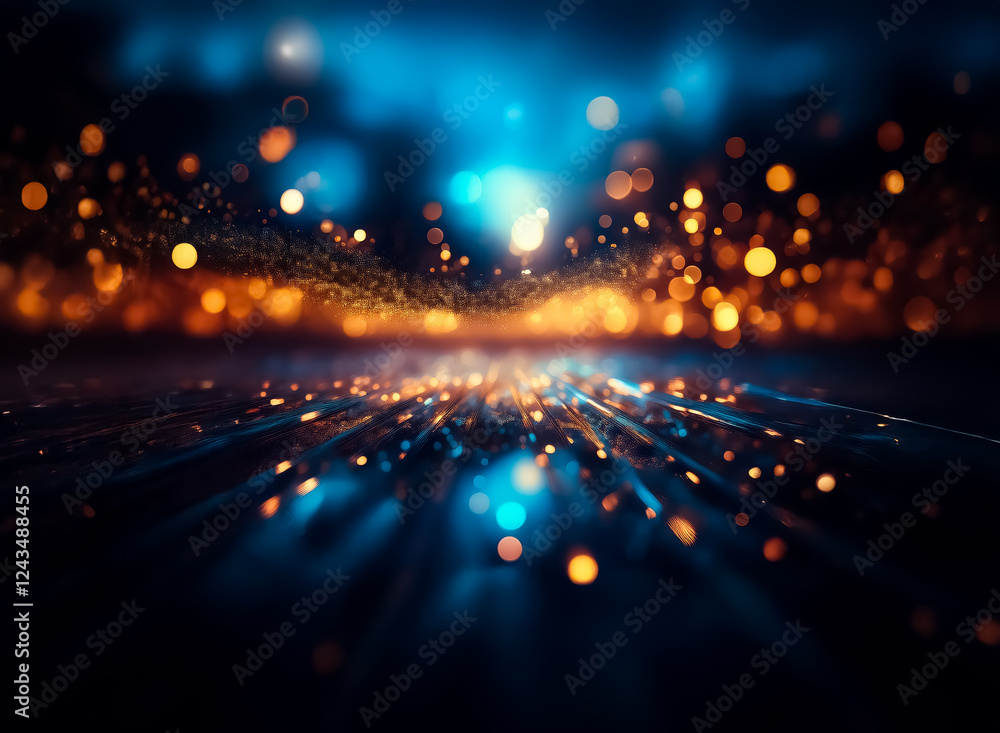 Aufkleber Abstract bokeh background with shimmering lights and vibrant colors.  Blurred orange and blue lights create a dreamy, dynamic, and energetic atmosphere.