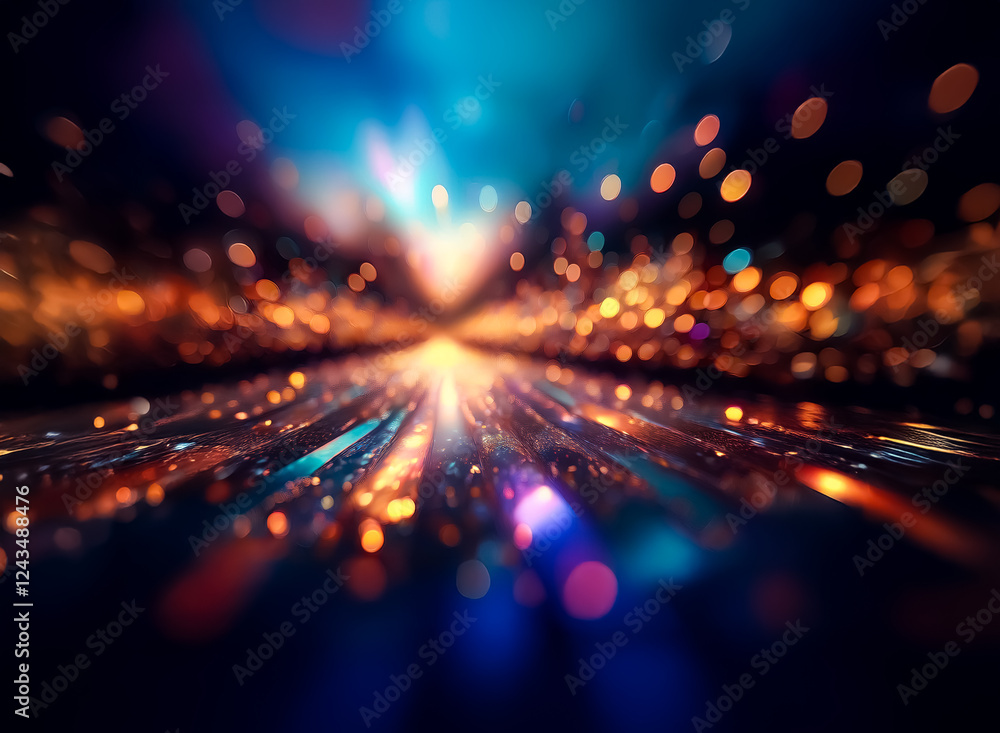 Poster Blurred lights create a dynamic abstract scene with vibrant blue and orange hues. Bokeh effect adds depth and motion, suggesting speed and energy in a futuristic style.