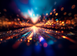 Blurred lights create a dynamic abstract scene with vibrant blue and orange hues. Bokeh effect adds depth and motion, suggesting speed and energy in a futuristic style.