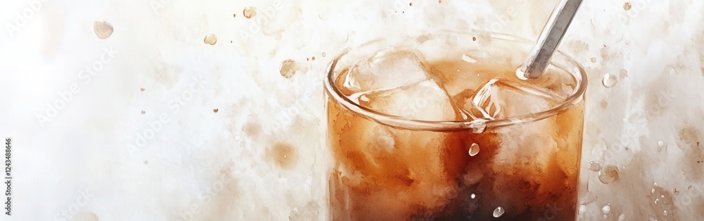 Poster close-up of a refreshing iced beverage with ice cubes and a stirring spoon against a soft watercolor