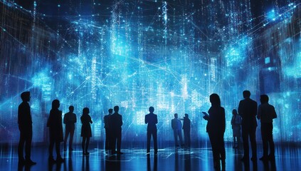 Silhouetted business people examining a digital network visualization.