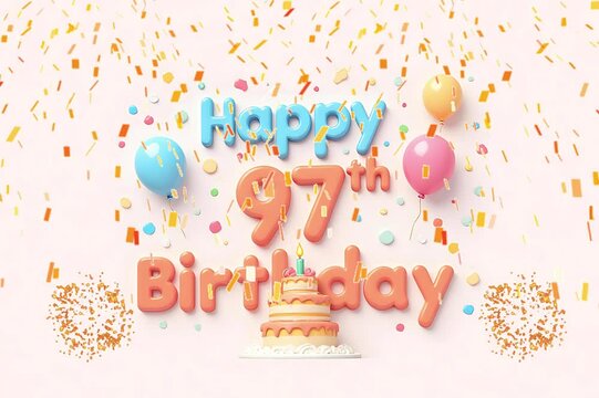 Animated 3D Happy 97th Birthday background video in pastel theme with floating balloons, lit candles, fireworks, and confetti shower