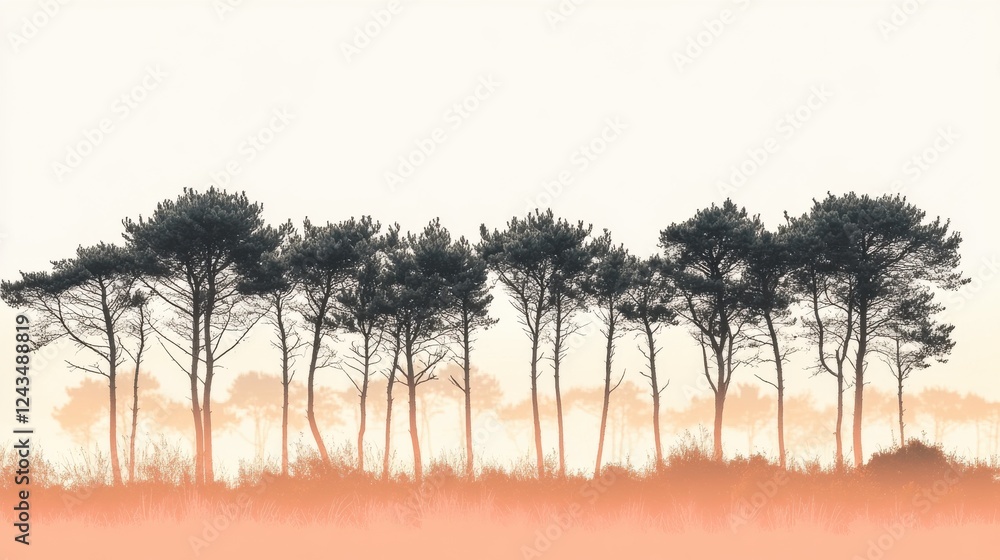 Aufkleber soft silhouettes of tree line against muted coral backdrop during twilight hours