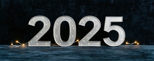 The image showcases the year 2025, decorated with sparkling elements, set against a dark background, evoking a festive atmosphere.