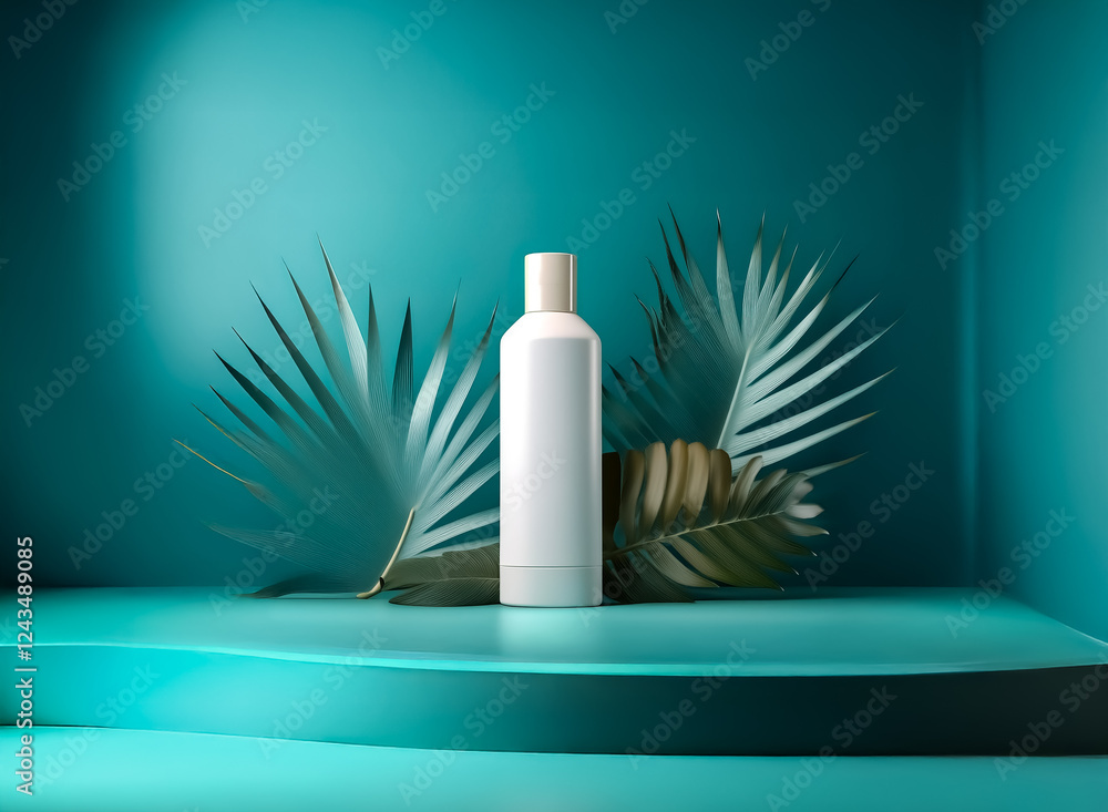 Poster Elegant white bottle displayed on a teal platform with palm leaves creating a natural backdrop. Minimalist and clean product presentation.