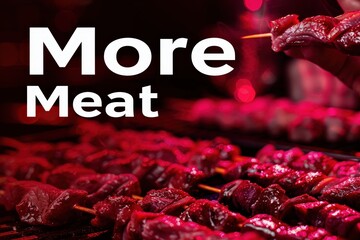 A vibrant display of meat skewers, highlighted with red lighting, emphasizing a tantalizing feast.