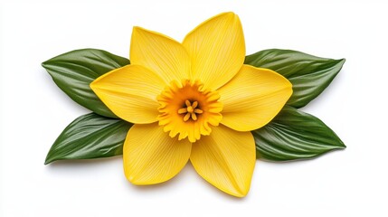 Naklejka premium Bright Yellow Daffodil With Green Leaves On White