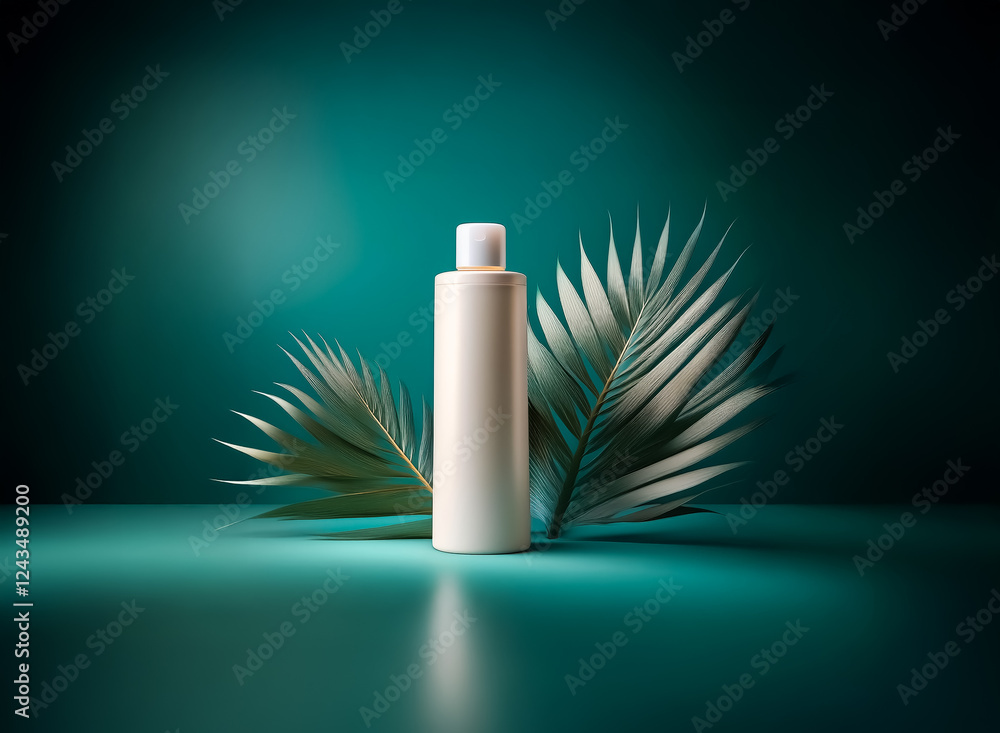 Poster a sleek white bottle with a cap is centered against a teal backdrop. palm leaves are positioned behi