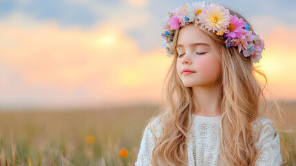 Girl, flower crown, sunset field, peace, calm