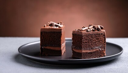 two pieces of chocolate cake on dark plates against a solid background perfect for culinary pastry or sweet treat concepts