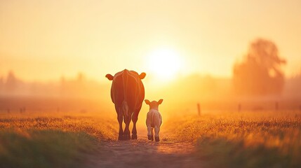 A serene sunset view of a cow and calf walking together on a rural path, with warm light