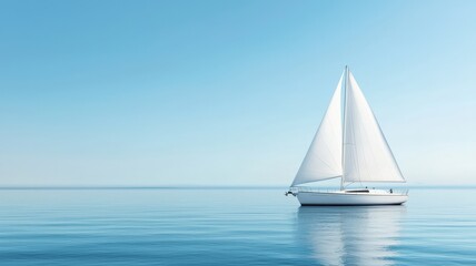 A serene sailboat glides across calm blue waters under a clear sky, creating a tranquil and peaceful seascape.