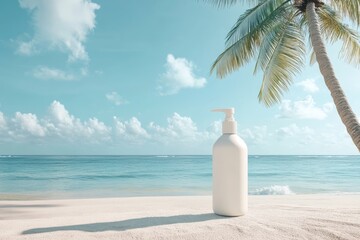 sun cream, on the beach near the sea ocean on the sand among palm trees, mockup