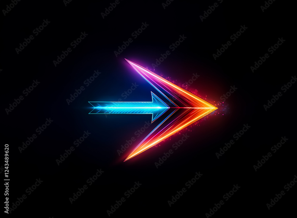 Aufkleber a glowing arrow points right, illuminated in vibrant neon colors against a dark background, creating