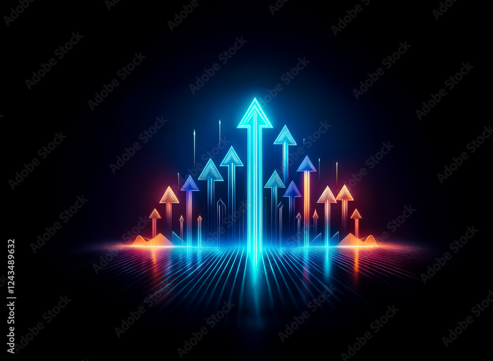 Poster neon blue arrows ascend from a reflective surface, illuminated against a dark backdrop. arrows point