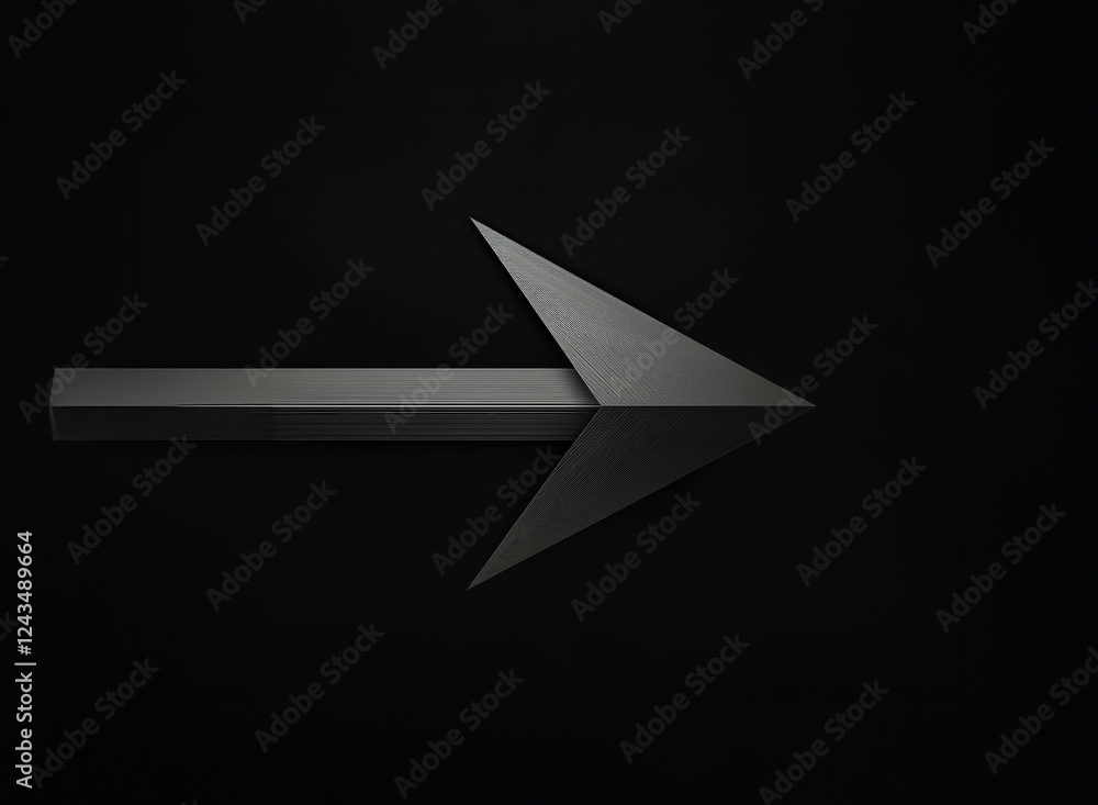Poster a dark gray arrow sharply points right against a stark black background. minimalist and geometric, t