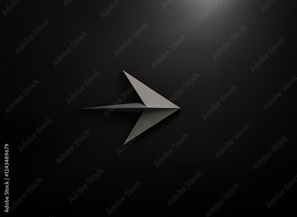 Poster a gray, stylized arrow points right on a dark, almost black, background. the simple, geometric shape