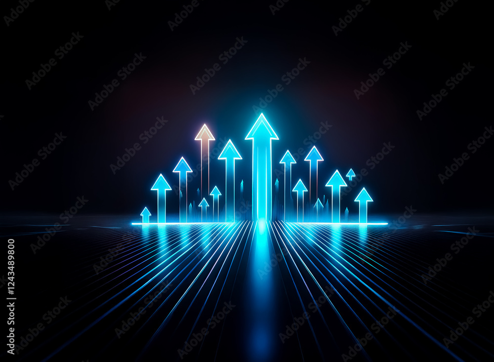 Poster A cluster of luminous blue arrows ascend dynamically from a dark surface, radiating bright lines in a forward direction, symbolizing growth and progress.
