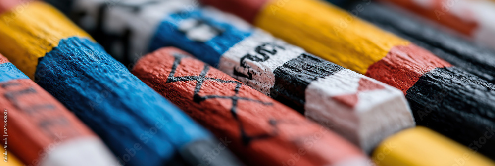 Poster close-up of multicolored cylindrical objects with textured surfaces