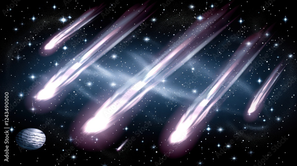 Poster a cosmic scene featuring multiple comets streaking through a starry sky, with a planet visible in th